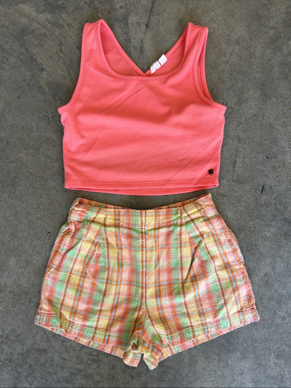 Roxy Coral Crop Tank with Billabong Pastel Plaid Shorts